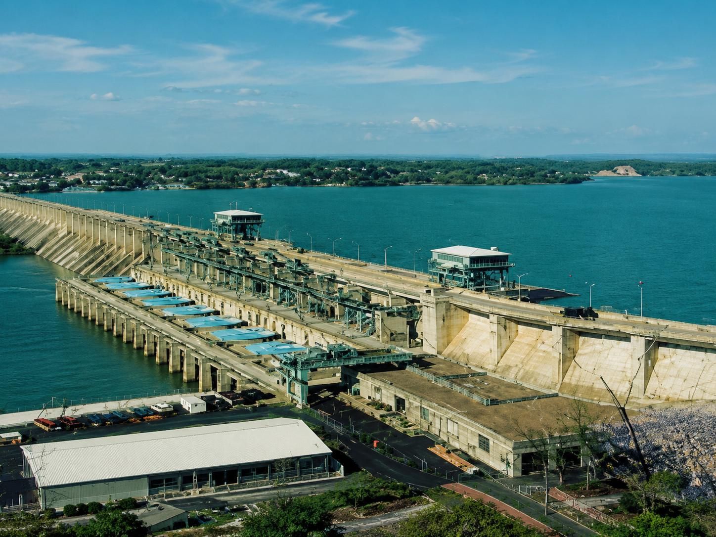 Bagnell Dam Missouri showing the 1931 hydroelectric structure that created Lake of the Ozarks and gave rise to the Bagnell Dam Strip