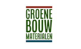 Logo met groene tekst “GROENE BOUW MATERIALEN” op een witte achtergrond, met dunne rode en blauwe lijnen.