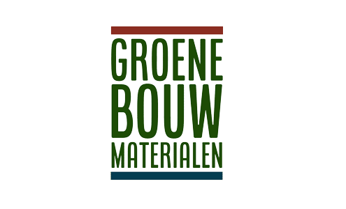 Logo met groene tekst “GROENE BOUW MATERIALEN” op een witte achtergrond, met dunne rode en blauwe lijnen.