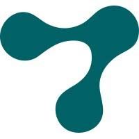 Abstract drielobbig logo in turquoise op een witte achtergrond.