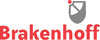 Brakenhoff-logo met rode tekst en een grijs schildpictogram met een rode stip.