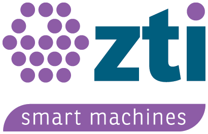 Het logo van ZTI Smart Machines met een paarse stippencluster en turquoise