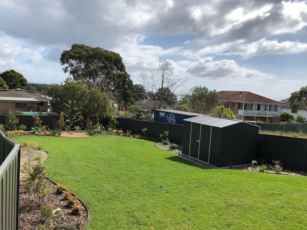 A Large Lawn With a Black Fence and a Shed in the Backyard — Peter Phillips Landscape Design in Bomaderry, NSW