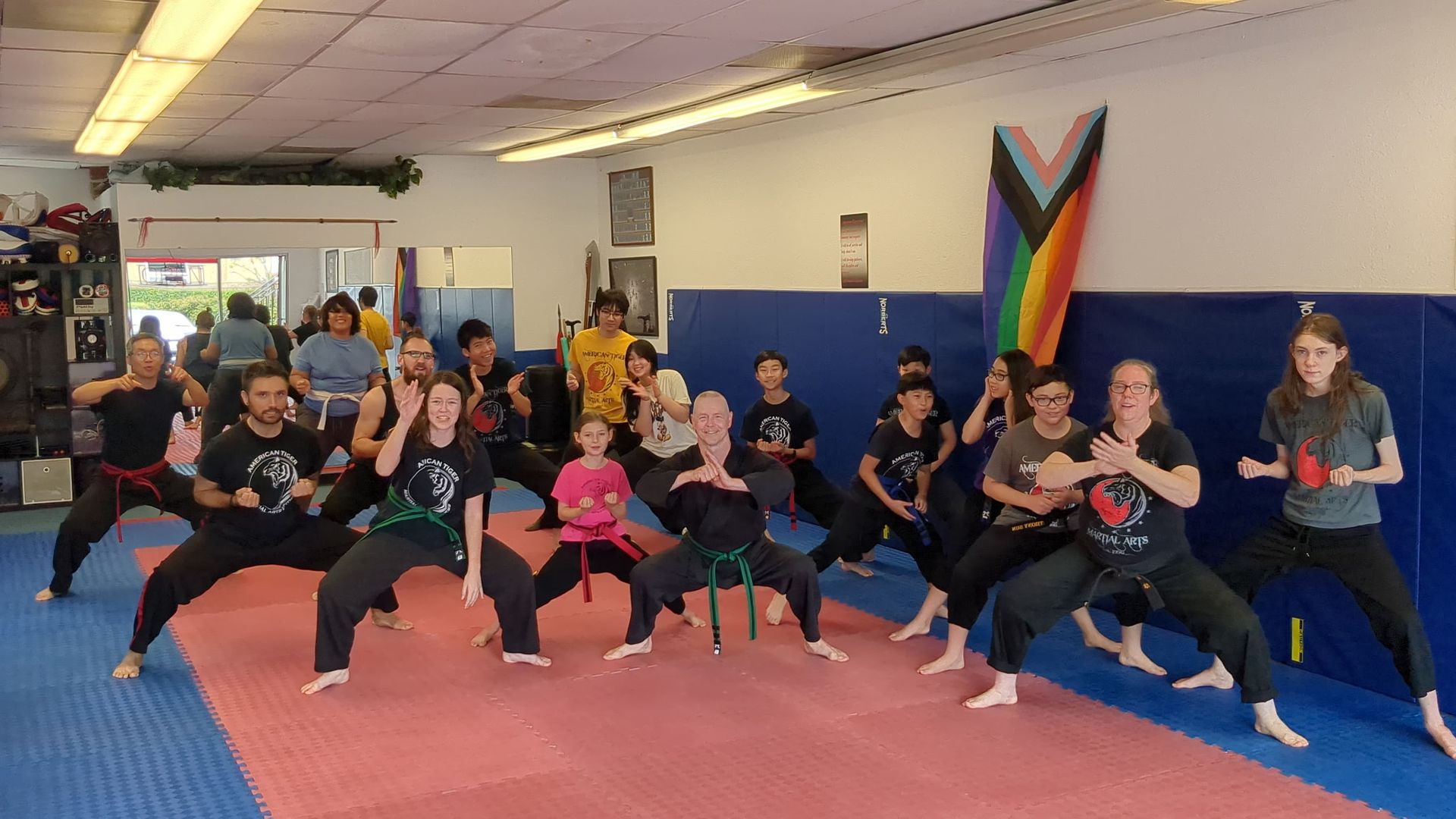Group doing martial arts stances on pink mats in a gym with blue walls and a rainbow flag.