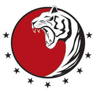 A tiger is yawning in a circle with stars around it.