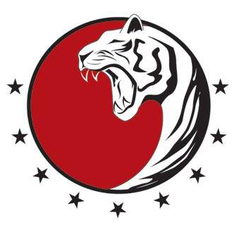 A tiger is yawning in a circle with stars around it.