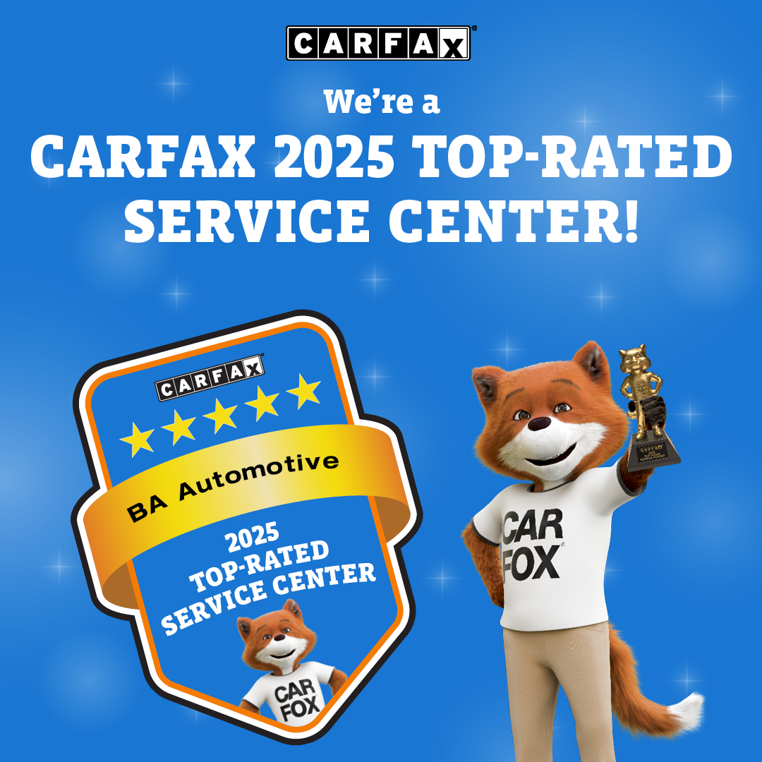 CARFAX ad with blue background, award badge, and fox mascot holding a trophy: “We’re a 2025 top-rated service center!”
