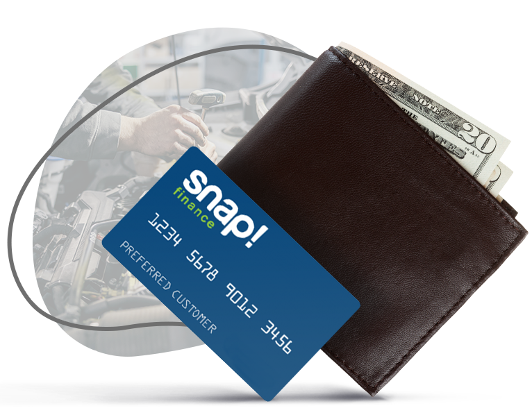 Snap Finance card next to a brown wallet with cash, suggesting payment options.