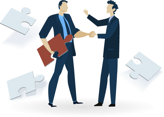 Two men are shaking hands in front of puzzle pieces.