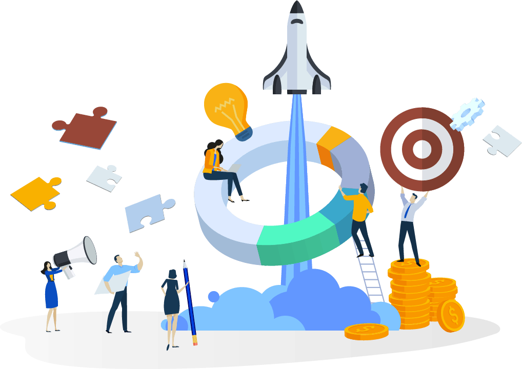 A group of people are standing around a rocket and a target.
