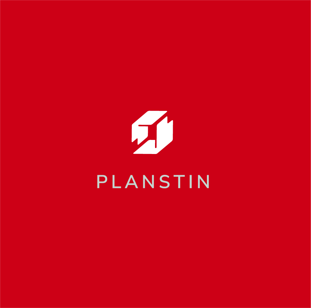 A red background with a white planstin logo on it