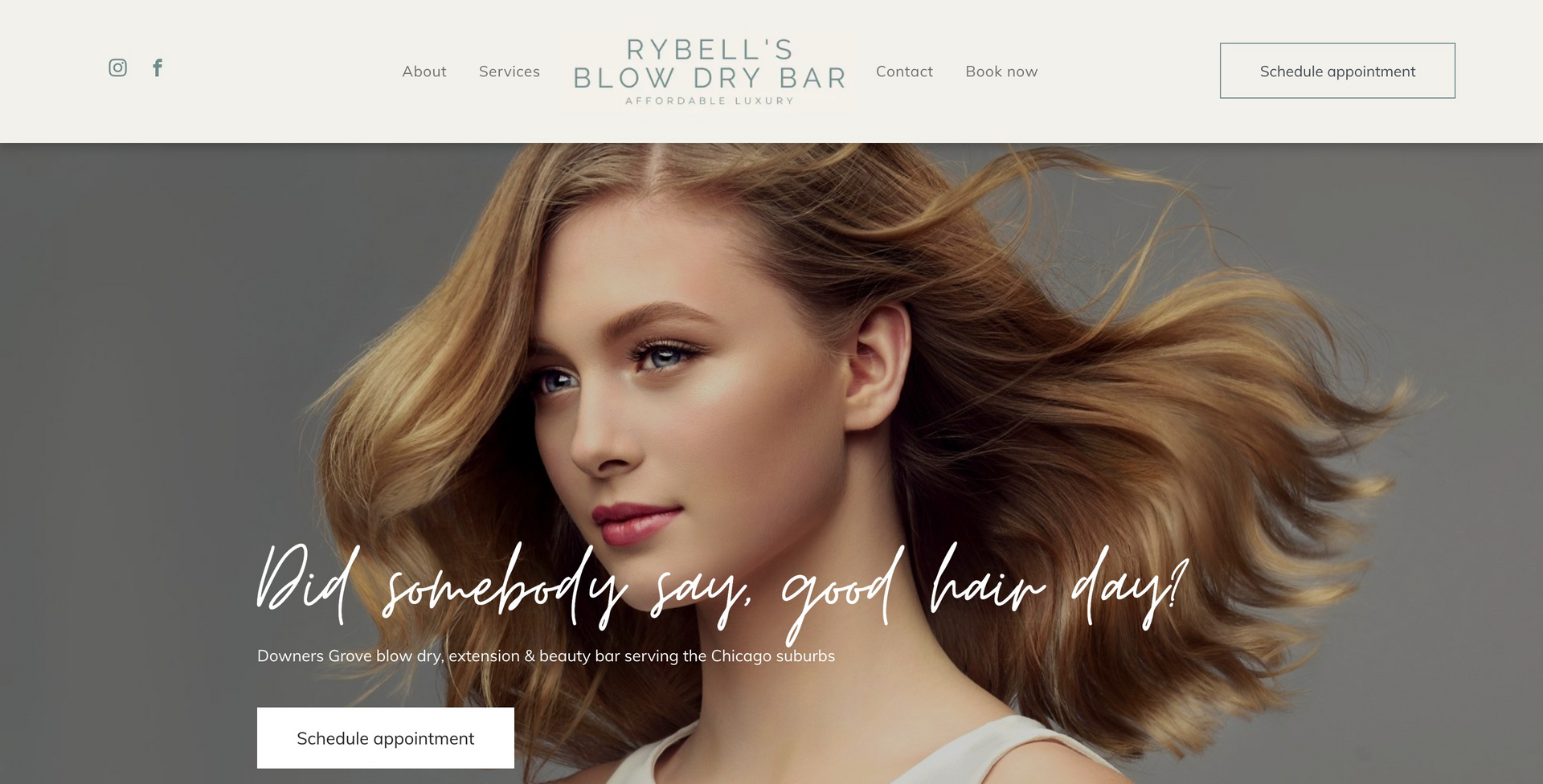 A woman with long hair is on the homepage of a website.