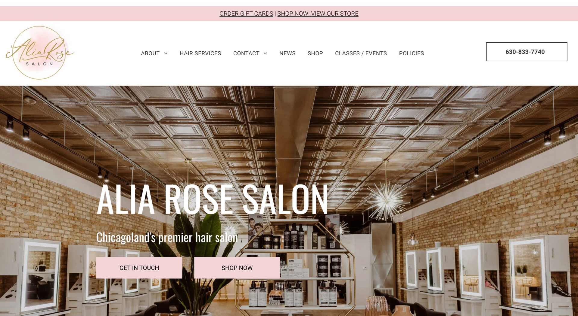 A screenshot of the website for alia rose salon , a hair salon.