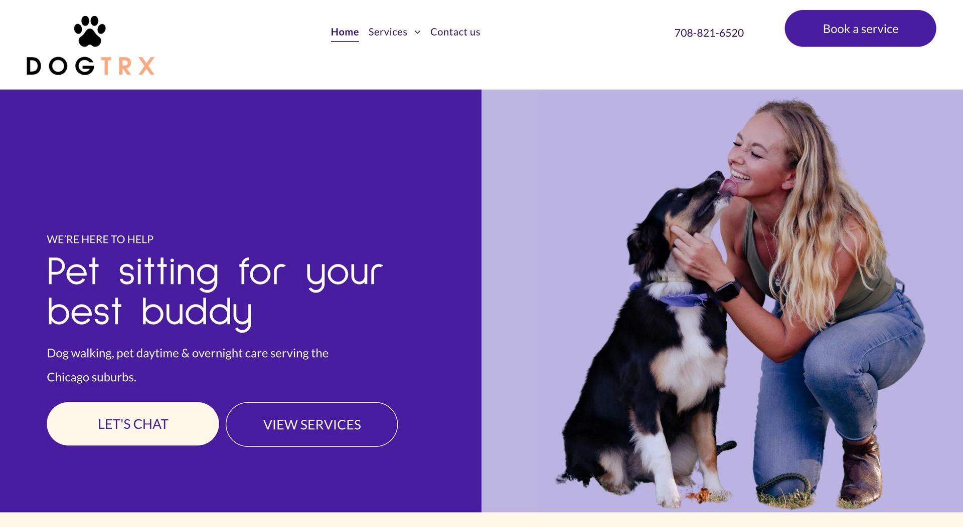 A woman is kneeling down next to a dog on a website.