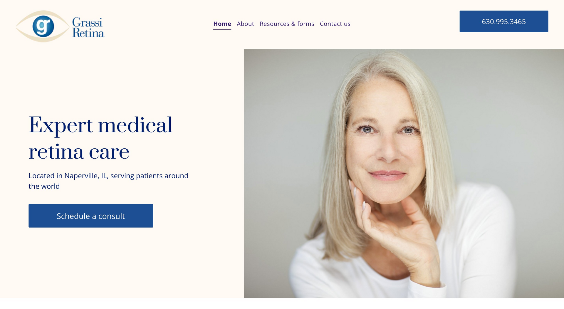 A woman with blonde hair is on the homepage of a website for expert medical retina care.
