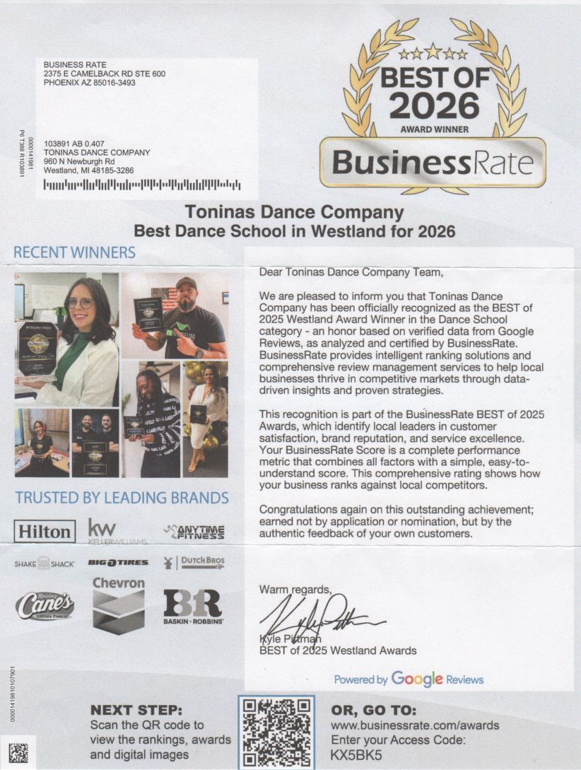 Flyer for Best of 2026 award, featuring Tunisian Dance Company as Best Dance School in Westland.
