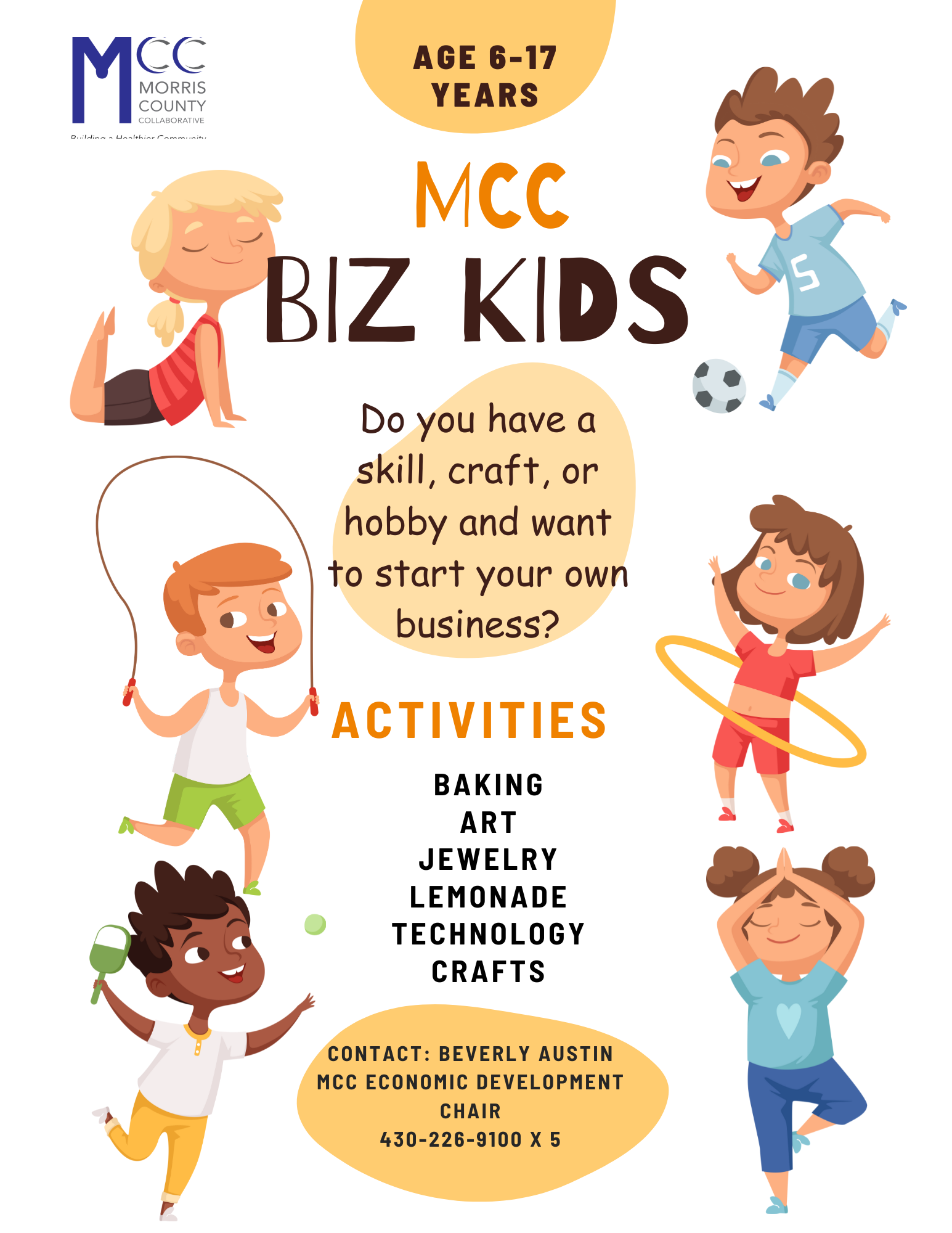 A poster for mcc biz kids ages 8-17 years