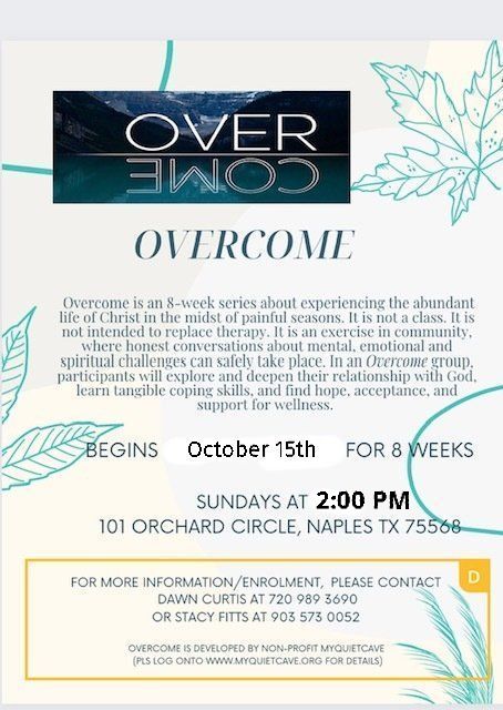 A poster for overcome begins october 15th for 8 weeks