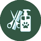 A green circle with a comb , scissors , and a bottle of shampoo.