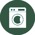 An icon of a washing machine in a green circle.