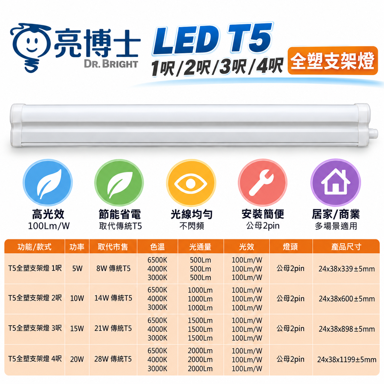 【亮博士】LED T5 1尺/2尺/3尺/4尺 全塑支架燈