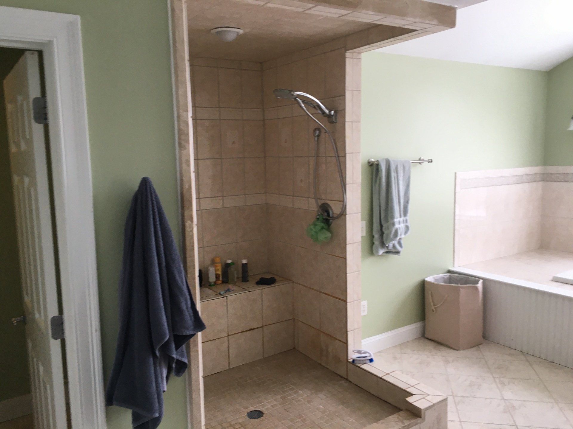 Bathroom with walk-in shower, bathtub, beige tile, and light green walls