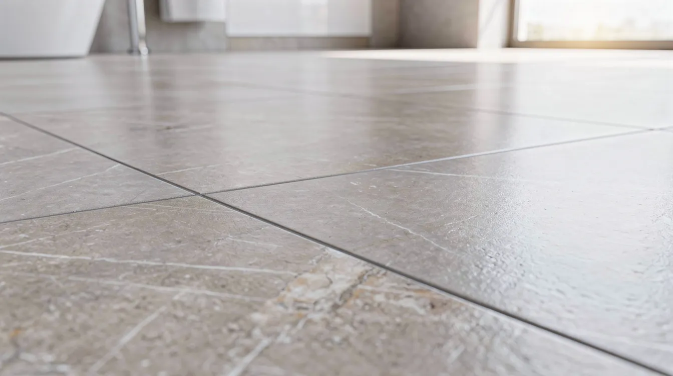 Close-up of gray, textured square floor tiles with grout lines, set in a bright, modern interior.