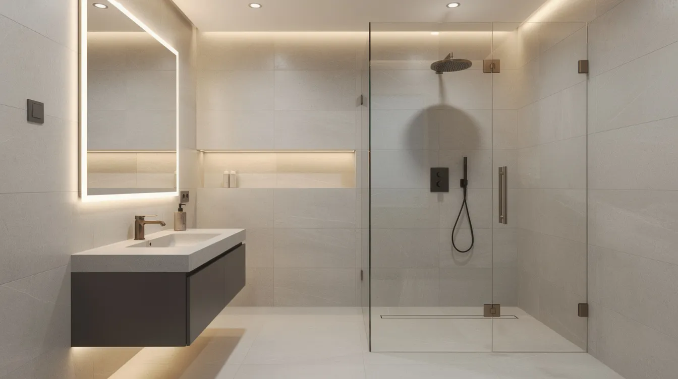 The image depicts a luxurious bathroom featuring large format porcelain tiles on the walls and a glass-enclosed walk-in shower, showcasing a modern design ideal for Colorado Springs residents. The elegant tile installation enhances the overall aesthetic, making it a perfect example of a high-quality tile installation project.