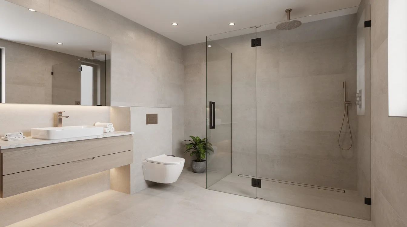 Modern minimalist bathroom with glass shower, floating sink, and wall-mounted toilet