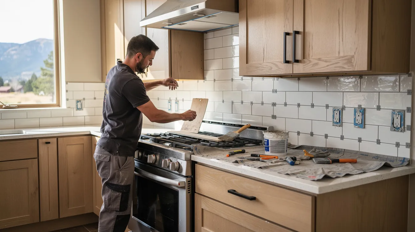 A professional is diligently installing a stylish tiled backsplash in a kitchen of a Colorado Springs home, showcasing quality craftsmanship and attention to detail. The installation process highlights the use of ceramic tiles, ensuring a beautiful and clean finish for this tile installation project.
