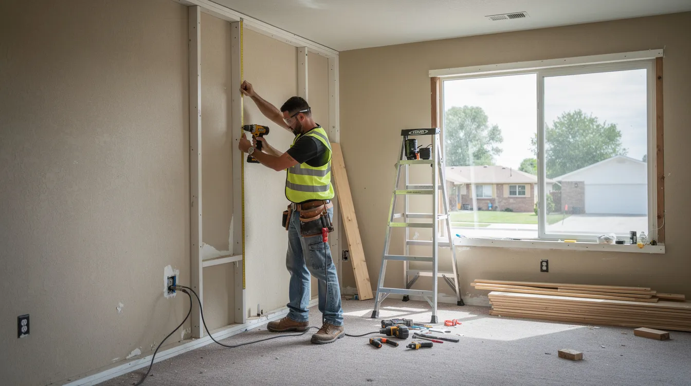 A professional worker is seen actively engaged in a room remodel within a typical home in Canon City, CO. The image captures the construction process, showcasing tools and materials as the worker focuses on structural changes to enhance the space's functionality and aesthetics.