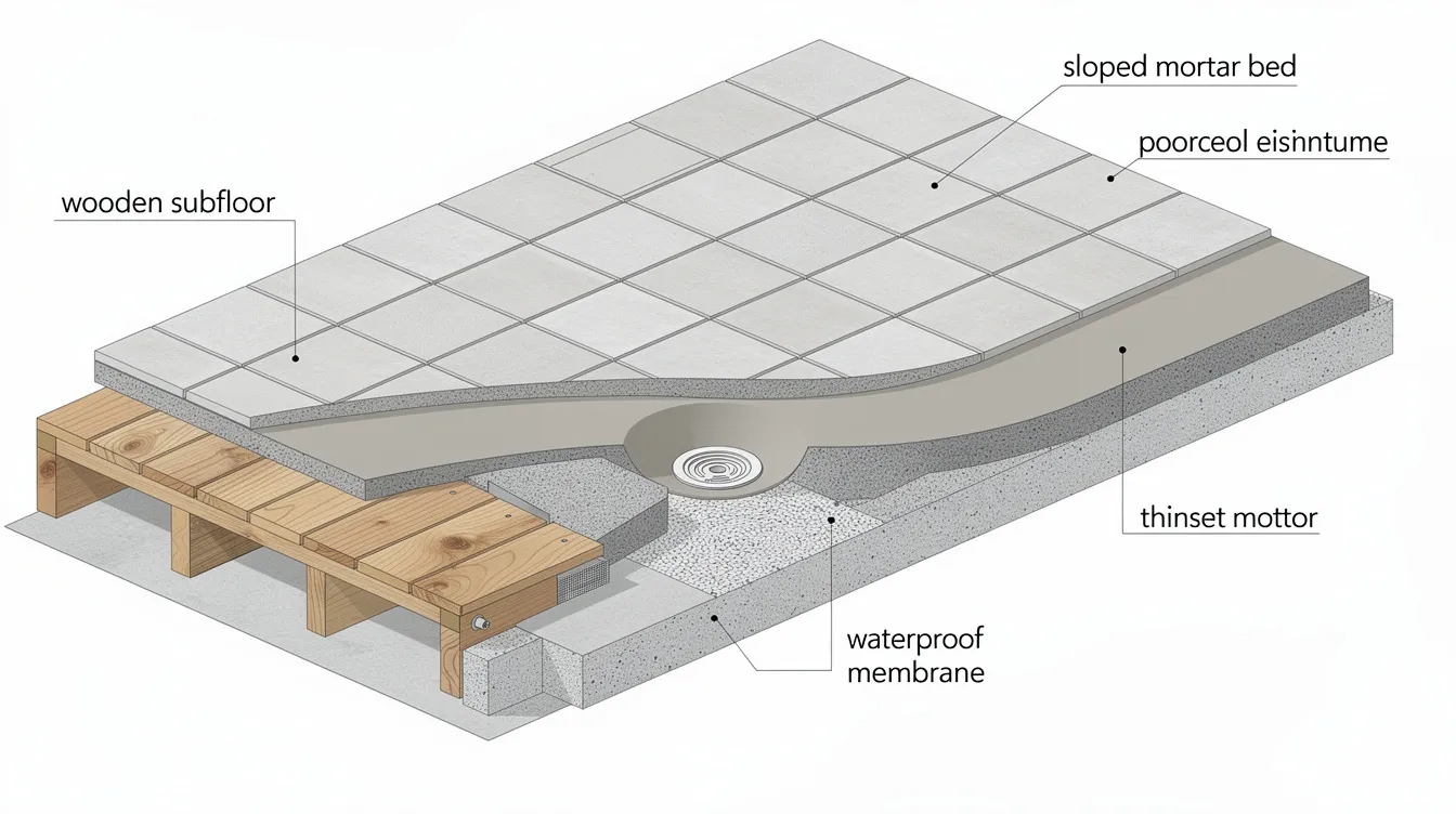 The image depicts a cross-section view of a shower floor, revealing the various layers involved in a bathroom renovation. It includes a wooden subfloor, a sloped mortar bed, a waterproof membrane, thinset mortar, and a porcelain tile finish, illustrating the essential components for a well-designed shower layout.