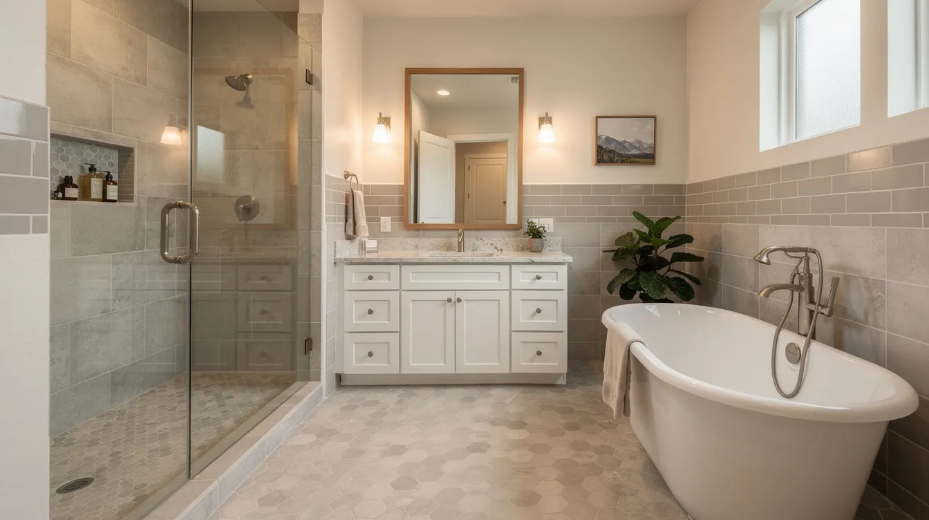 The image showcases a beautifully designed tiled bathroom typical of Colorado Springs homes, featuring elegant porcelain floor tiles and stylish wall tiles that enhance the overall aesthetic. This professional tile installation project highlights quality craftsmanship, making it an outstanding job for homeowners looking to upgrade their space.