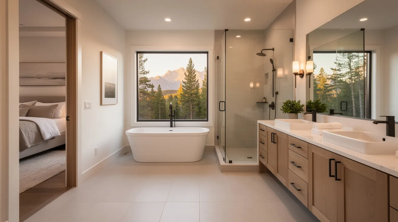 The image showcases a beautifully designed master bathroom in Woodland Park, CO, featuring elegant tile flooring, a spacious shower, and stylish accessories that highlight the professional remodeling work. The clean and modern design reflects a perfect blend of functionality and aesthetics, making it an inviting space for relaxation.