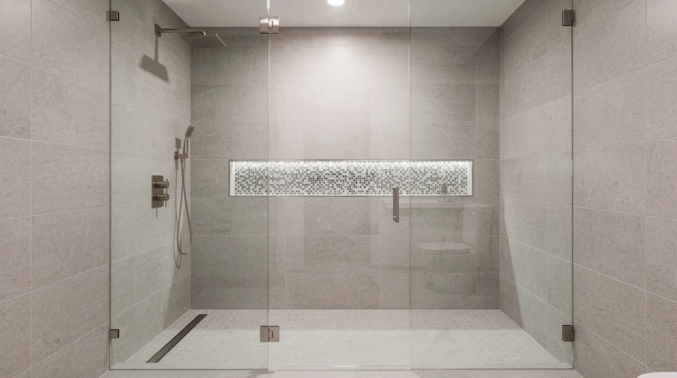 The image features a modern walk-in shower showcasing large format porcelain tile walls that create a sleek and spacious feel, complemented by a built-in niche adorned with eye-catching mosaic tile accents. The combination of these bathroom tiles enhances the contemporary design, making it a perfect addition to any personal spa or primary bath.