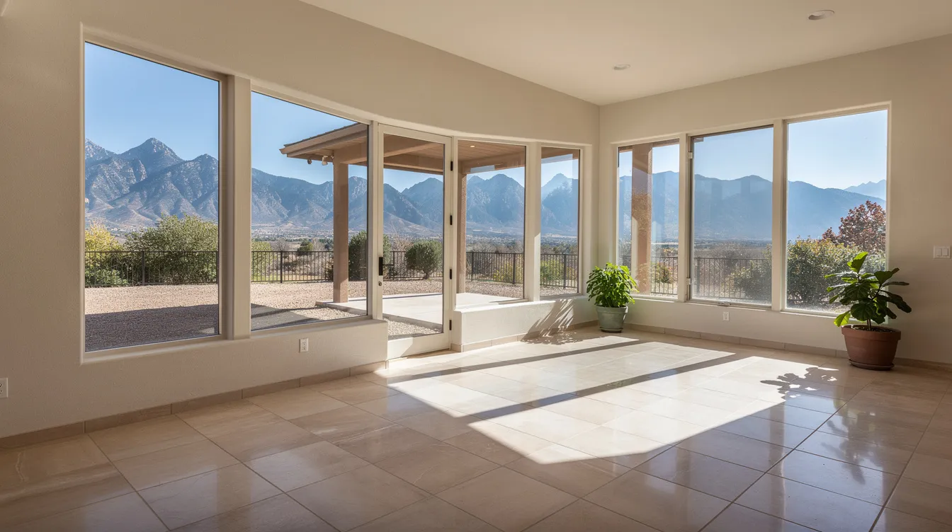 Bright sunlit empty room with large windows, mountain view, tiled floor, and potted plants.
