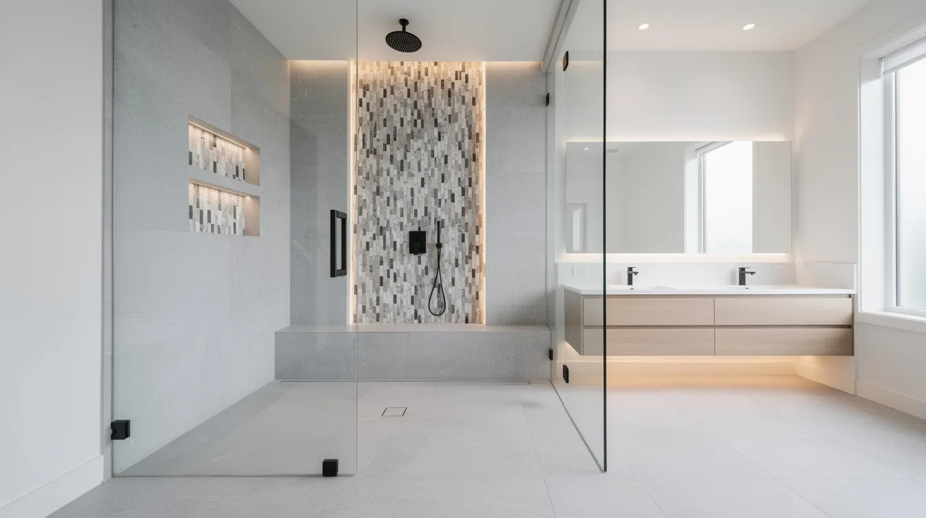 The image features a spacious walk-in shower, showcasing a stunning mosaic tile accent wall and a sleek glass enclosure, set within a contemporary bathroom. This modern bathroom remodel highlights the thoughtful design elements that enhance both style and functionality.