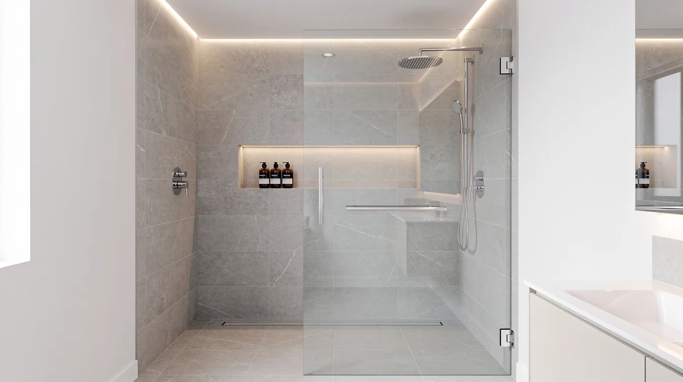 The image features a modern walk-in shower with a glass door, showcasing large format porcelain tiles on the walls and floor, creating a sleek and stylish look in a renovated bathroom. The polished finish of the tiles highlights the attention to detail in tile repair and installation, ensuring both functionality and aesthetic appeal.