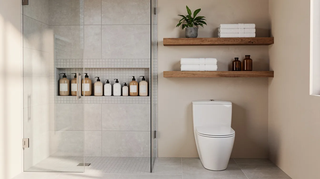 Modern beige bathroom with glass shower, shelves, and a white toilet