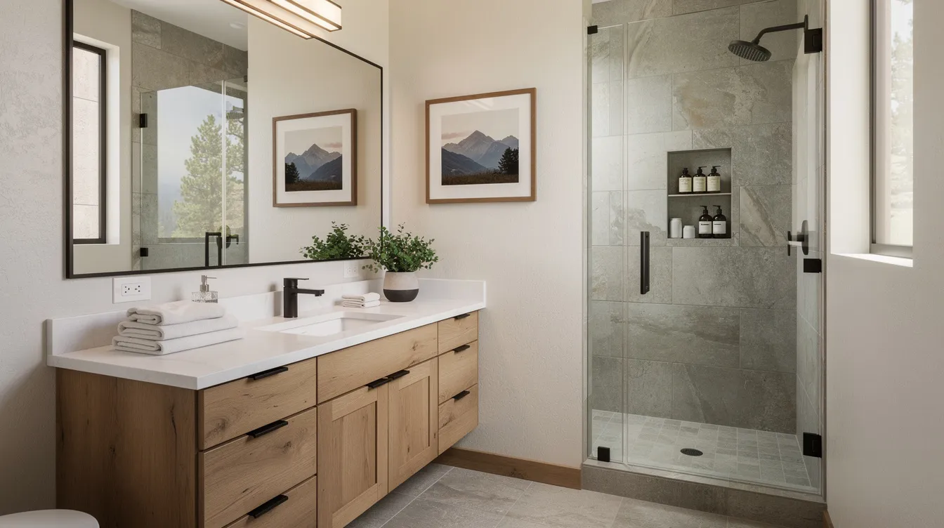 The image depicts a beautifully designed Colorado bathroom featuring a modern double vanity with elegant sinks, a spacious shower with a stylish shower head, and a luxurious bathtub. The walls are adorned with tasteful tiles, creating a seamless and inviting space ideal for a bathroom remodel.