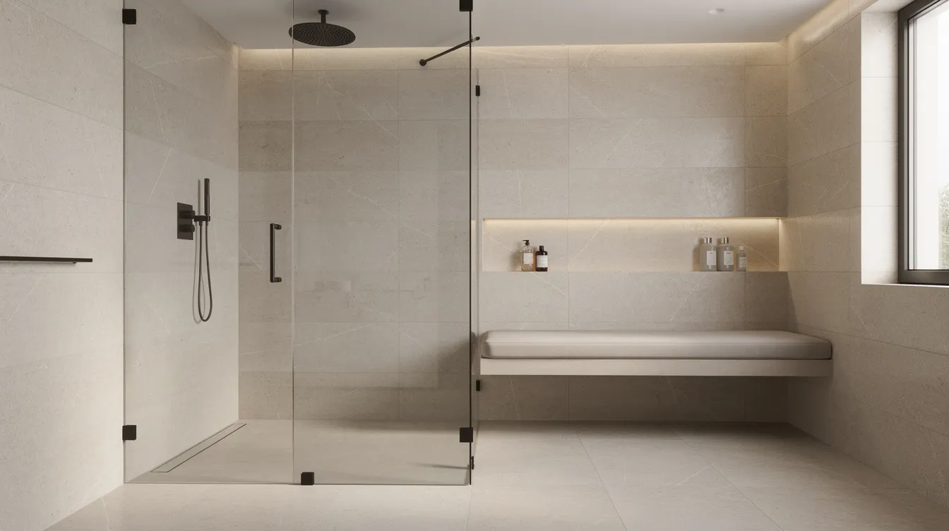 The image showcases a modern walk-in shower featuring frameless glass panels, a ceiling-mounted rain shower head, and a built-in bench seat, all adorned with warm-toned large format tiles. This elegant master bathroom design idea emphasizes luxury and functionality, creating a serene space for relaxation.