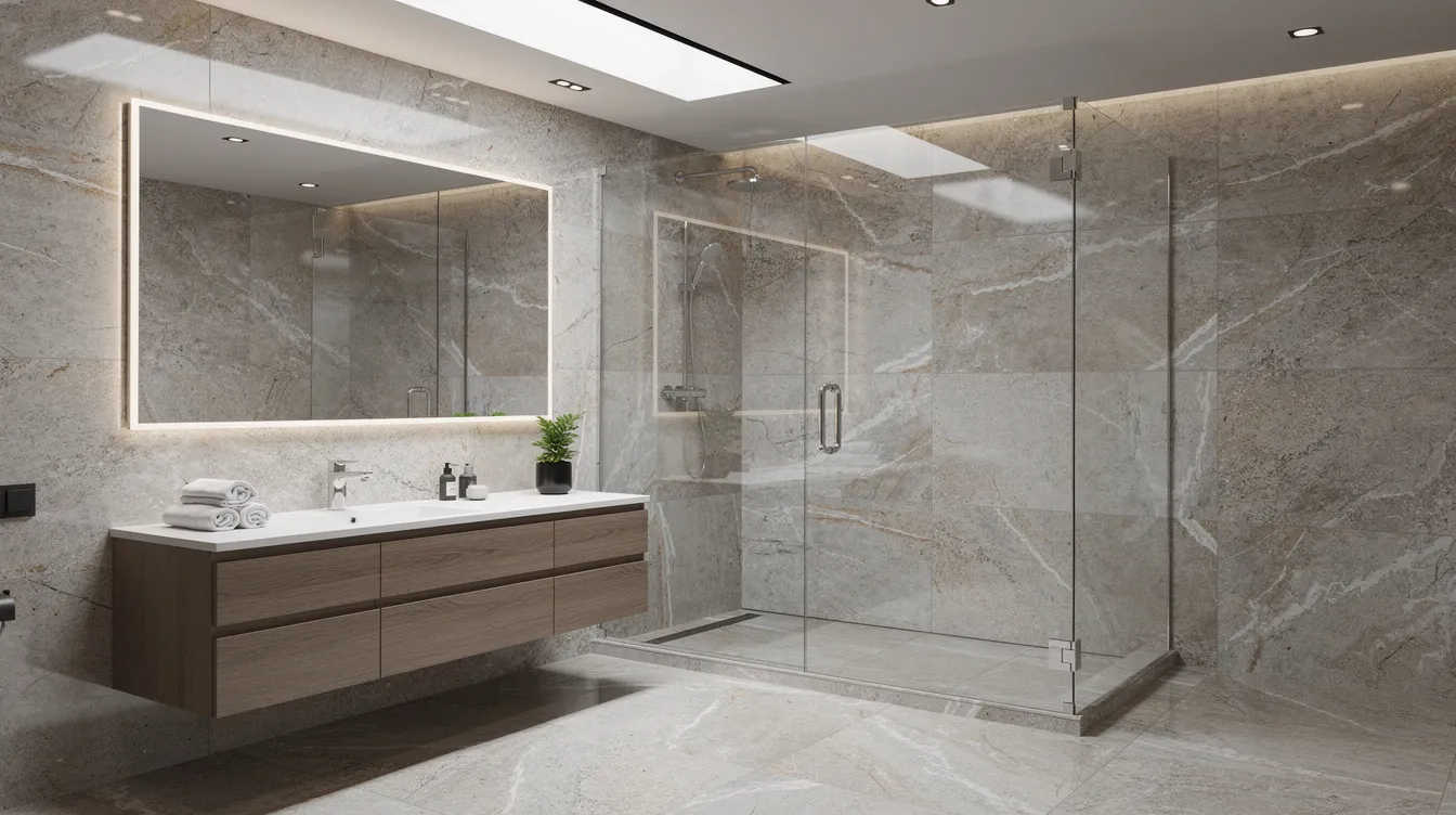 The image showcases a modern bathroom renovation featuring elegant natural stone tile flooring and a sleek glass shower enclosure, emphasizing a stylish and functional space. This remodeling project highlights quality materials and expert craftsmanship, ideal for homeowners looking to enhance their bathrooms.