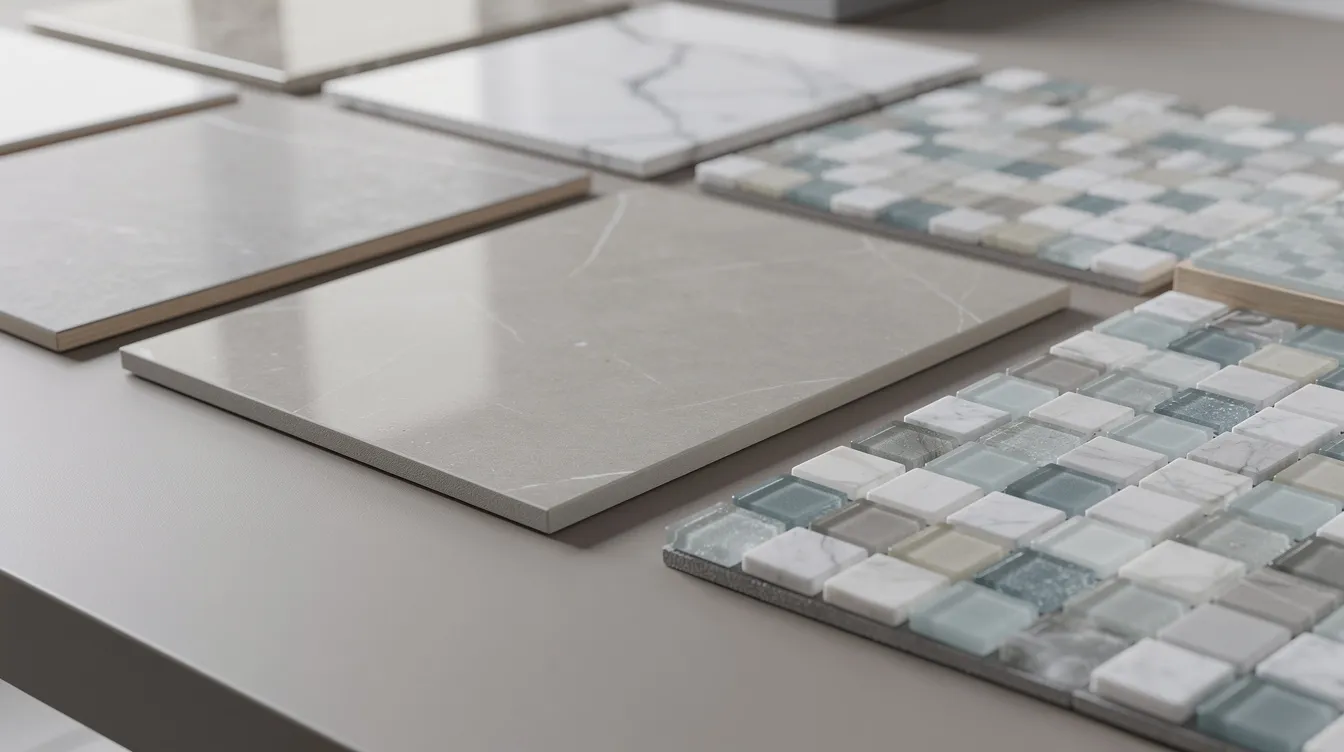 Sample ceramic tiles and mosaic tile sheets arranged on a tabletop