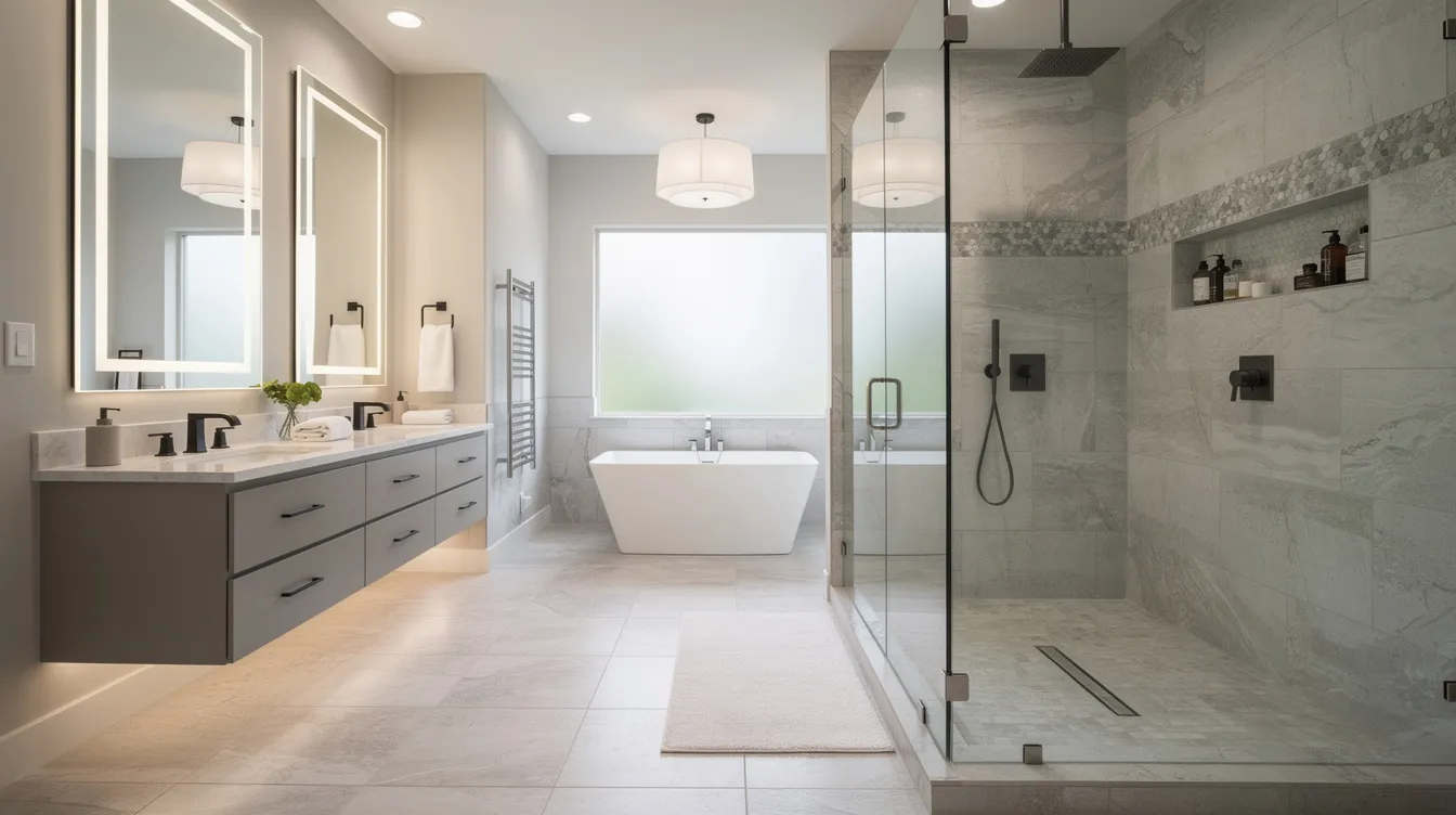The image depicts a completed luxury bathroom featuring a custom tile shower with elegant ceramic tiles and heated floors, creating a warm and inviting atmosphere. The professional tile installation showcases meticulous attention to detail, enhancing the overall aesthetic of the space.