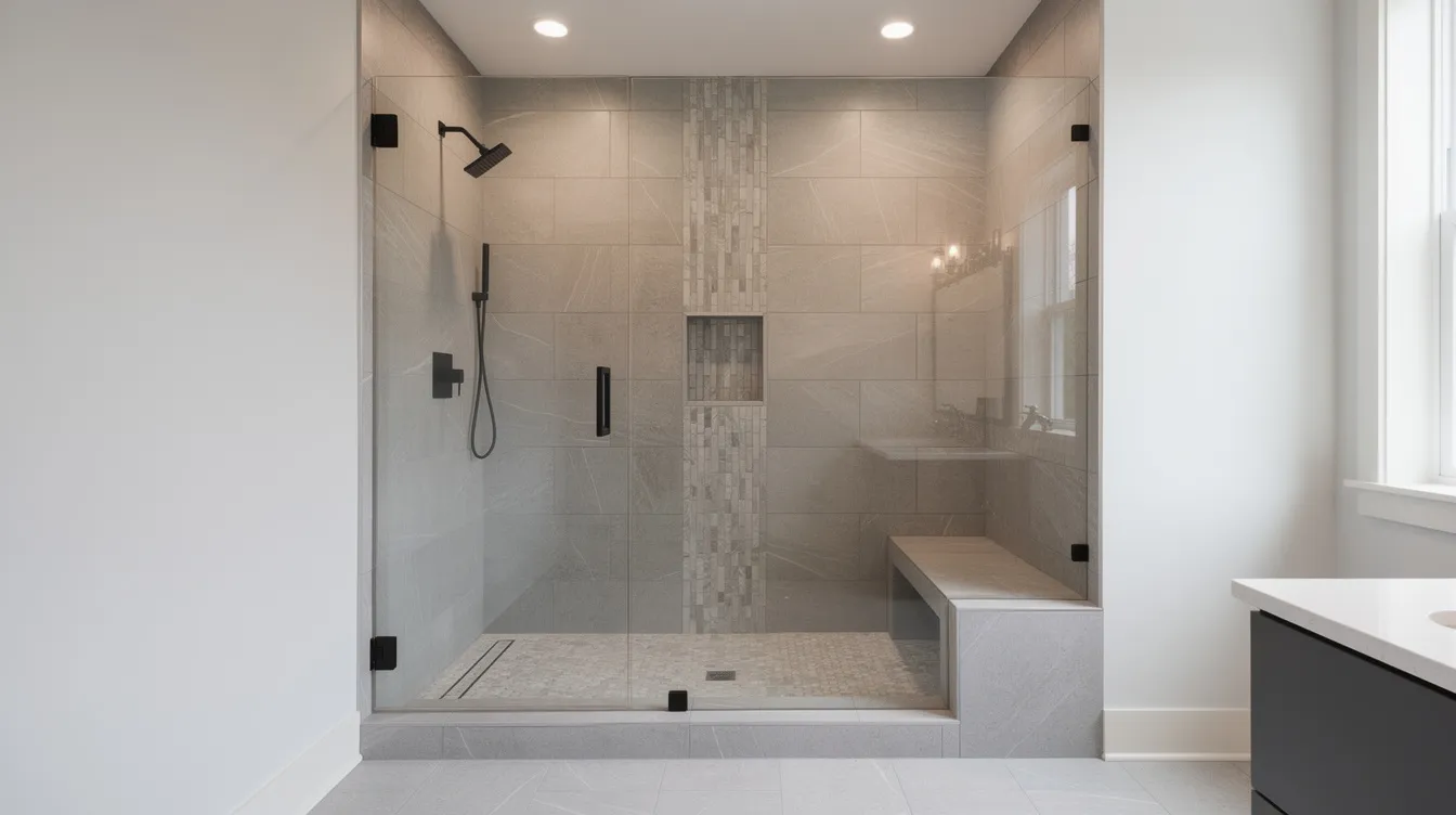 The image showcases a luxurious bathroom remodel featuring a spacious walk-in shower with a mosaic niche and a comfortable bench, surrounded by glossy porcelain tile that extends to the heated floor. The elegant design incorporates natural materials, creating a serene atmosphere reminiscent of a personal spa.
