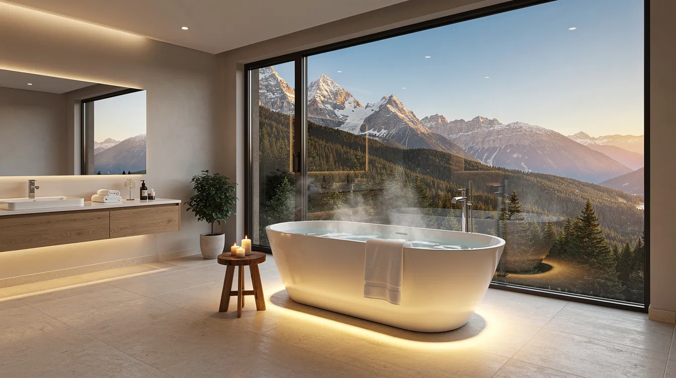 The image depicts a spacious bathroom featuring heated tile floors and a stylish freestanding bathtub positioned near a window that offers stunning mountain views. This beautiful new bathroom design exemplifies a perfect blend of comfort and elegance, ideal for a remodeling project in Woodland Park, Colorado.