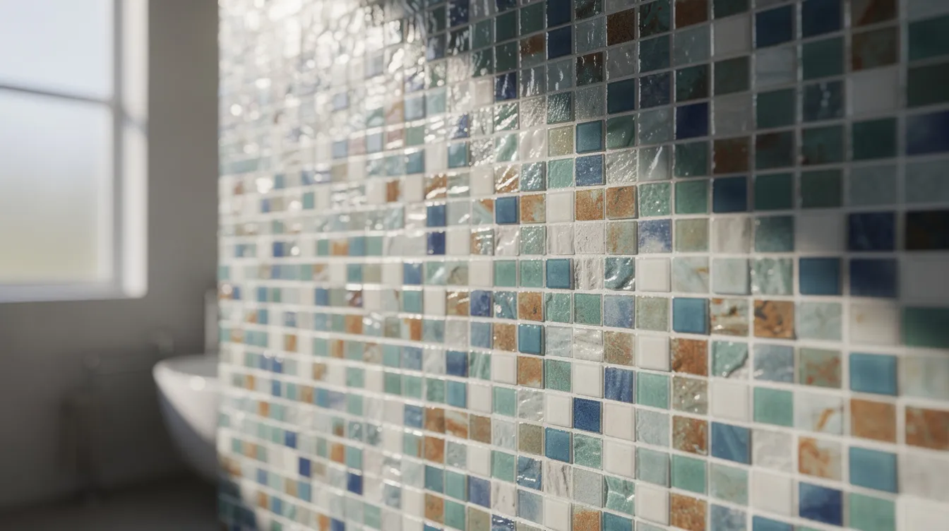 Close-up of a mosaic tile wall in a bathroom beside a frosted window and bathtub