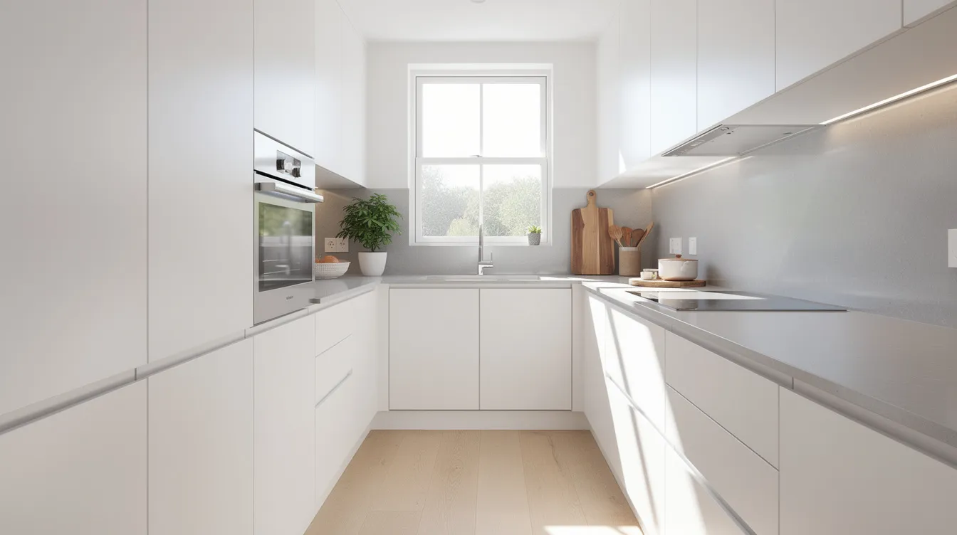 A modern, minimalist galley kitchen featuring white cabinetry, light countertops, and a window above the sink.