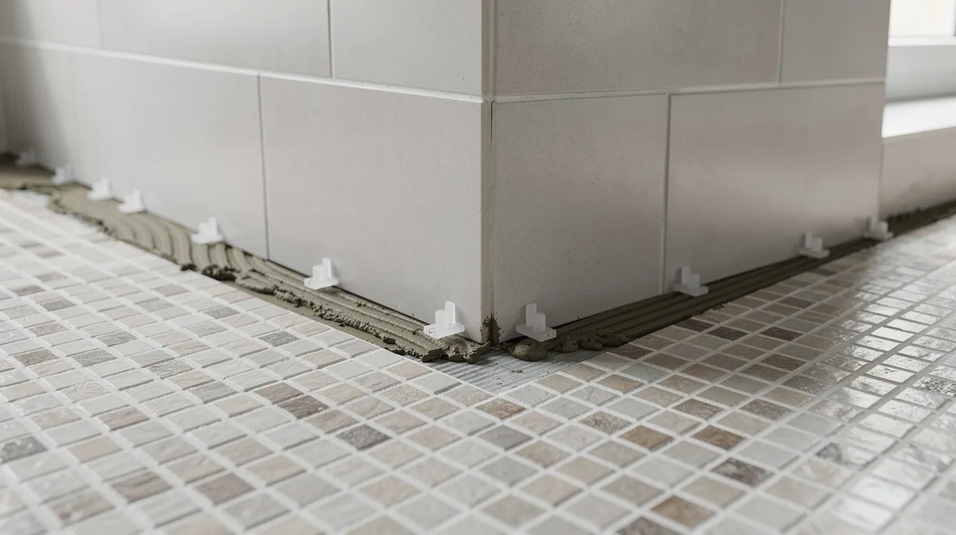 The image features a close-up view of a bathroom renovation project, highlighting the intricate mosaic floor tiles alongside large format wall tiles. This detailed installation showcases the careful planning and design ideas that contribute to a customized bathroom layout.