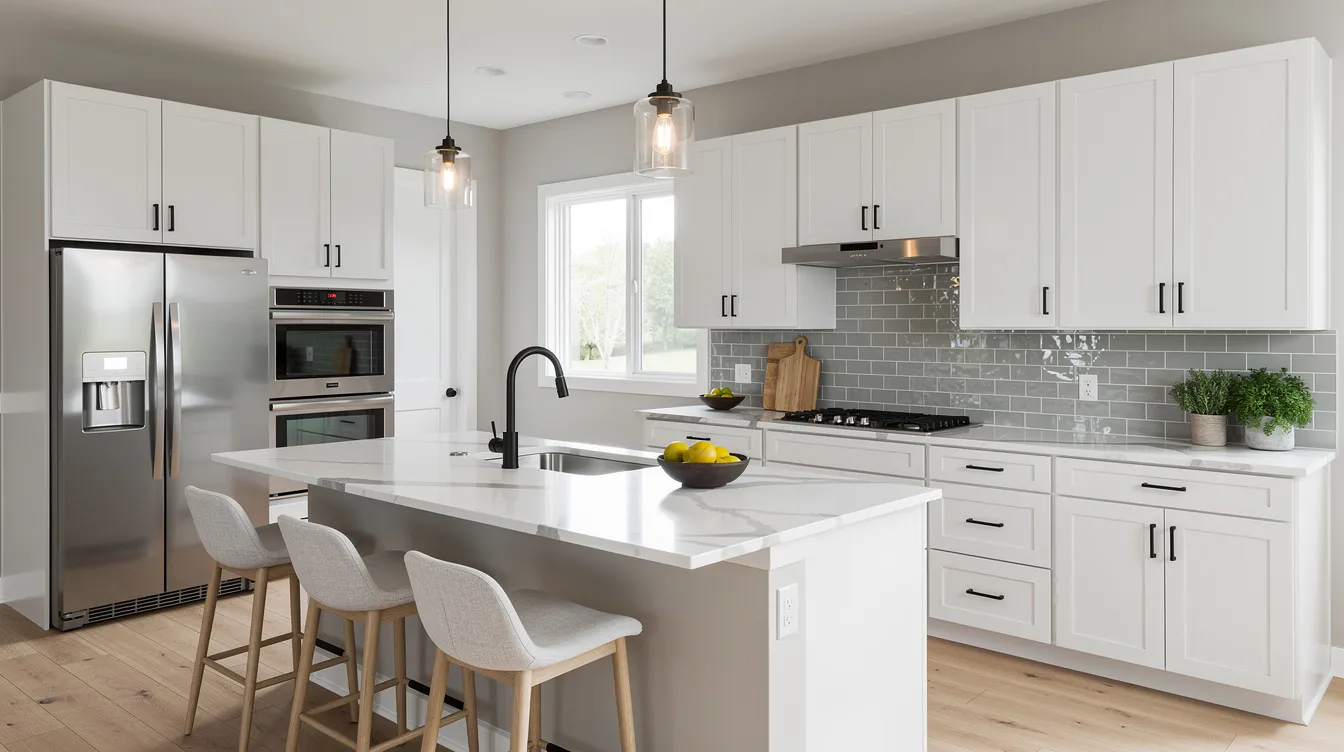 The image showcases a beautifully renovated kitchen featuring a stylish tile backsplash and modern fixtures, creating a functional and inviting space for homeowners. This kitchen renovation exemplifies quality standards and attention to detail, ideal for property owners looking to enhance their residential home.